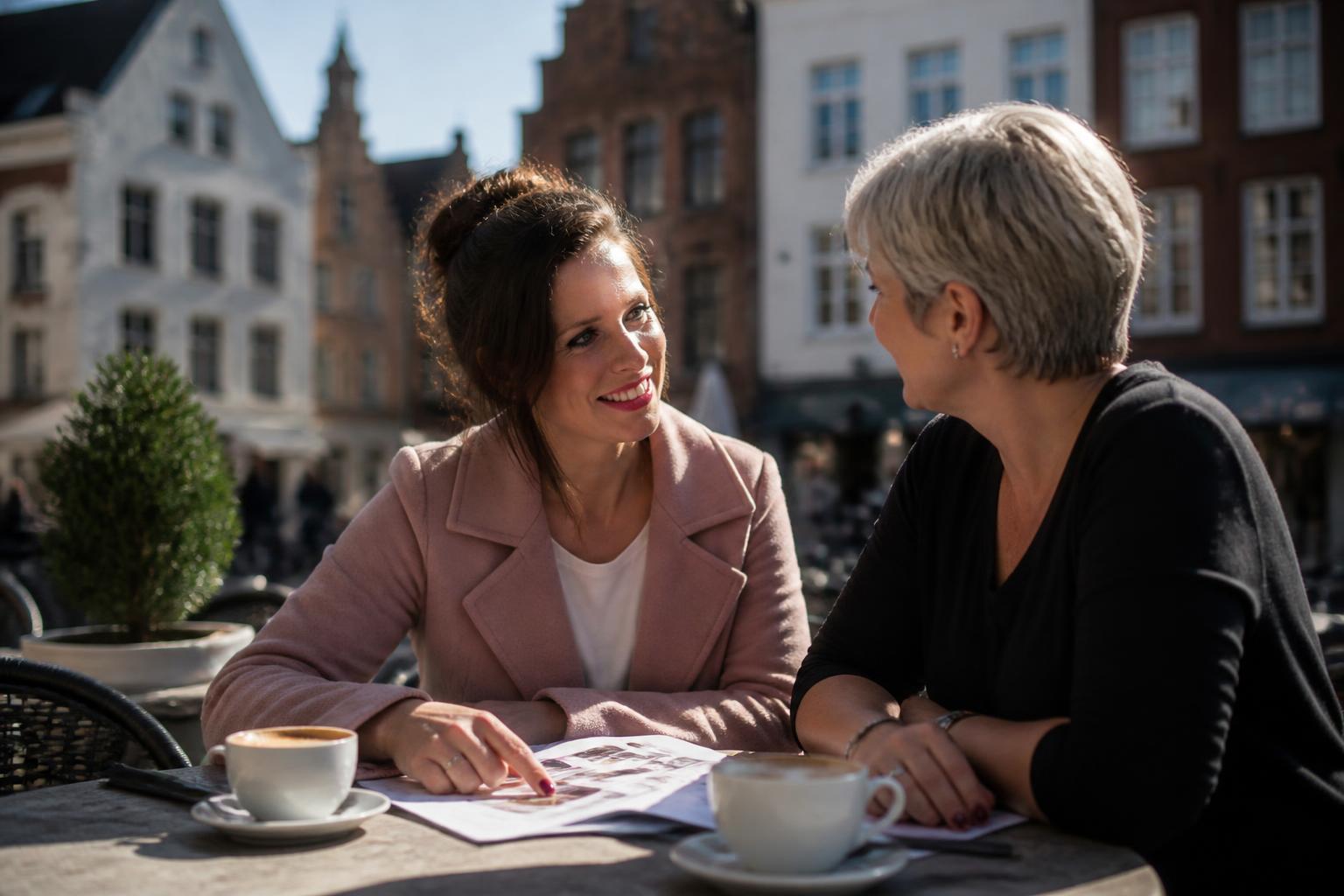 Amélie Huygens in gesprek met een ondernemer op een terras in een historische stad