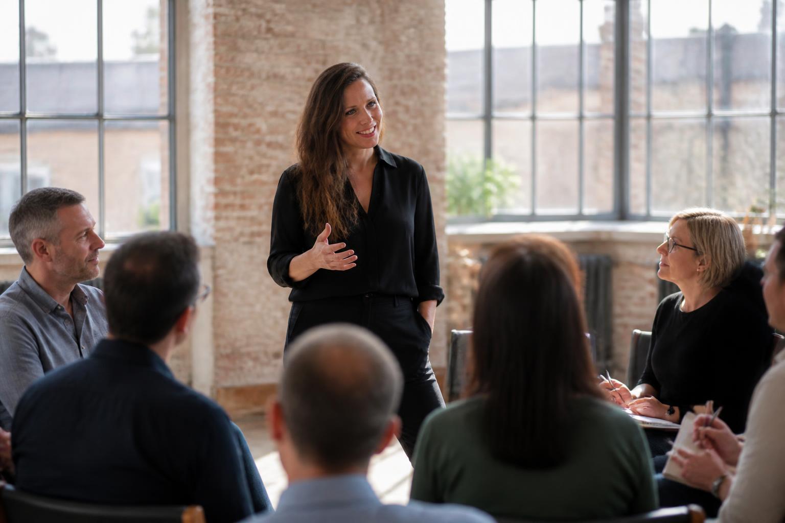 Amélie Huygens spreekt voor een groep ondernemers