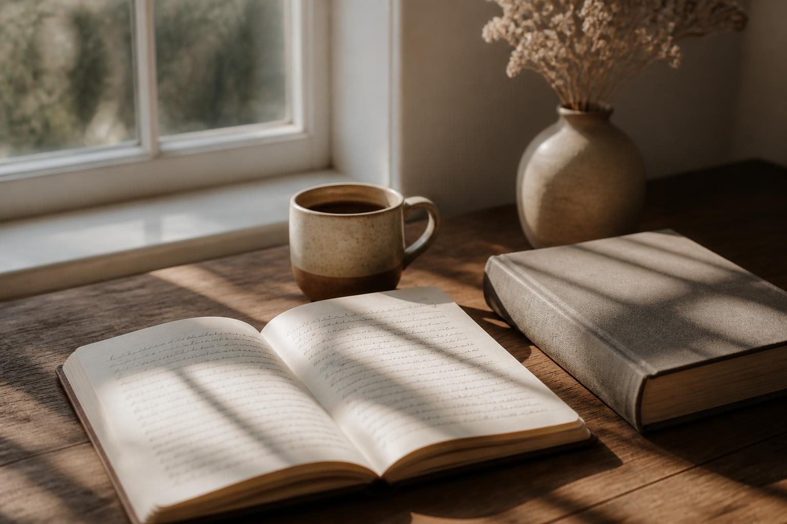 Open boek en koffiekop op een houten tafel bij het raam, in zacht ochtendlicht